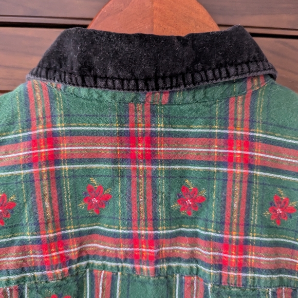 Vintage Christmas Flannel Cotton Button Down Shirt Green Red Plaid Collar Small - Picture 8 of 16